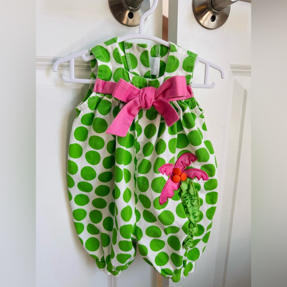 Green Polka Dot Baby Romper with Pink Bow